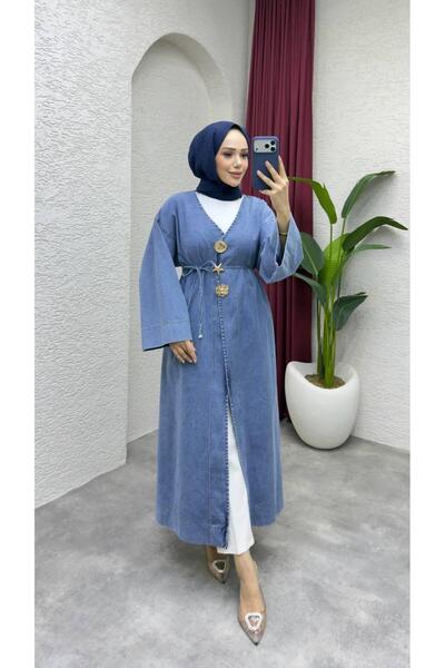 AXXAN Women's Denim Slit Tunic, Washed Tansel Fabric, Lace-Up Denim Tunic