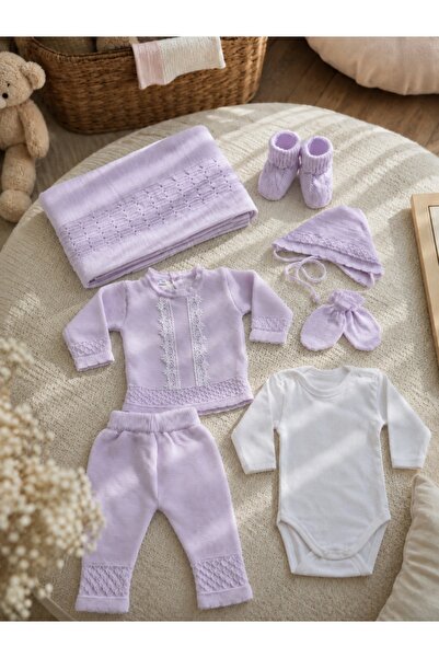 Pure Boutique Set nou-nascut 7 piese din bumbac roz pastel cu paturica tricot...
