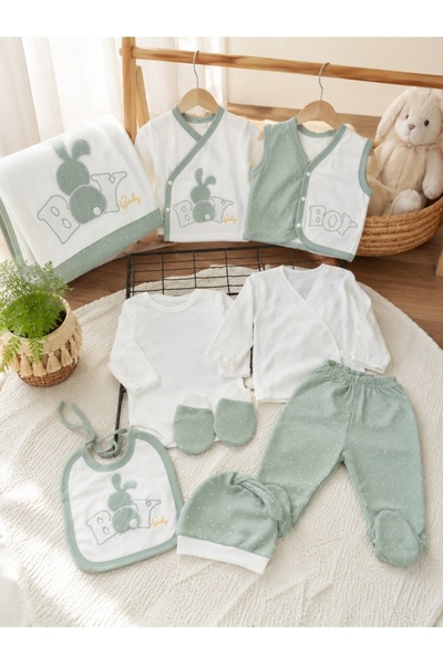 Pure Boutique Set nou nascut 10 piese din 100% bumbac verde salvie Boy Baby c...