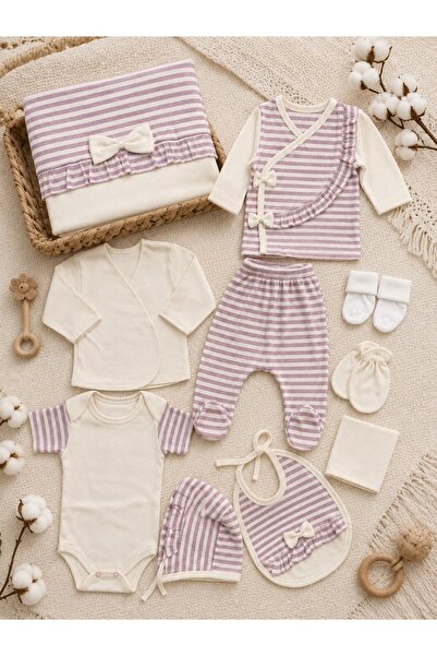 Pure Boutique Set nou nascut 10 piese mov lila cu dungi din bumbac, complet p...