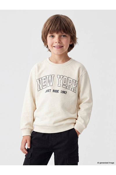 LC Waikiki Lcw Kids Beige New York Printed Boys' Sweatshirt