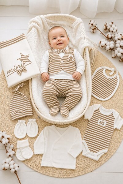 Pure Boutique Set nou nascut 10 piese bej cu dungi din bumbac, cadou pentru b...