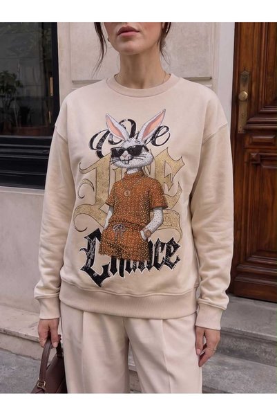 DOLCE QUEEN Women's Stone Detailed Printed Oversize Sweatshirt 2 Yarns Withou...