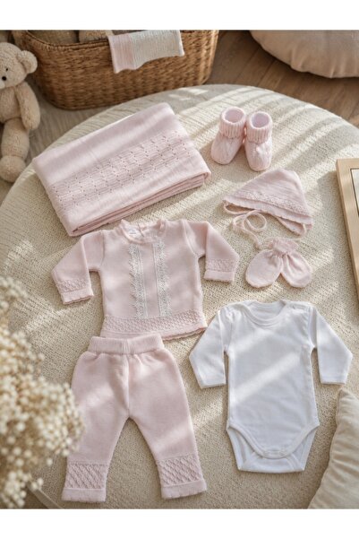 Pure Boutique Set nou-nascut 7 piese din bumbac roz pudrat cu compleu tricota...