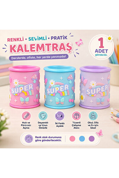 bakgelal Super Desenli Çift Delikli Hazneli Kalemtraş – Renkli Çocuk Kalem Aç...