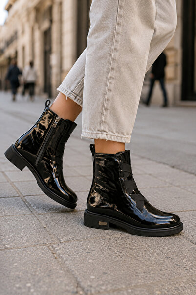 MT Women's Black Genuine Leather Elastic Non-Slip Winter Boots