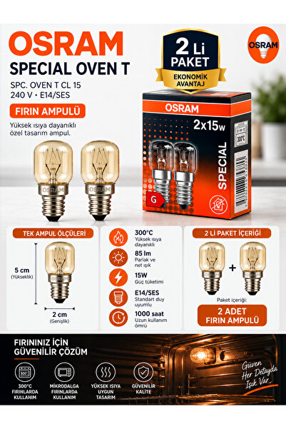 Avarson (2 li PAKET) 15W E14 Fırın Ampulü 300°C Isıya Dayanıklı Sarı Işık
