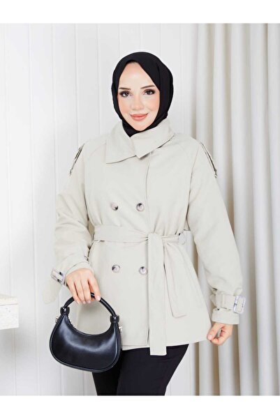 Vibeys Moda معطف نسائي من قماش الكتان بياقة عالية وصف أزرار مزدوج