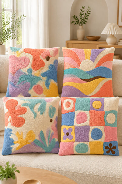 stellahomes Pastel Abstract Patterned 3D Embroidery-Looking Digital Printed M...
