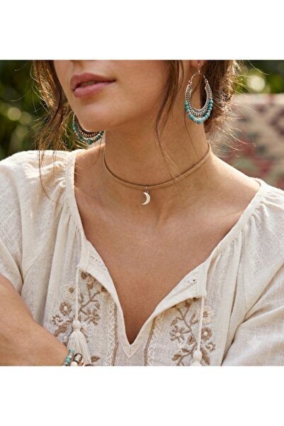 Nishstyle Gümüş Renk Ay Uçlu Taba Renk Güderi Choker