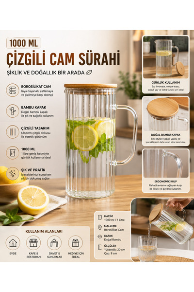 PANORAMA 1000 ml Bambu Kapaklı Çizgili Cam Sürahi – 1 Litre Borosilikat Cam S...
