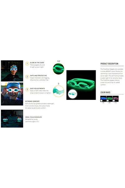Finis ochelari inot vizibilitate sporita pentru copii FlowGlows (Glow in the dark) Goggles - verde