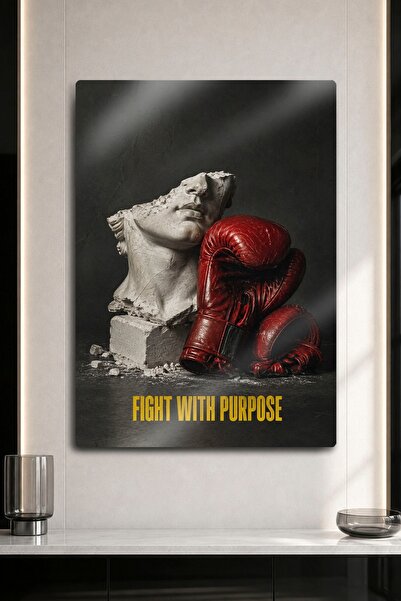 DekorHane Metal Baskı - Fight With Purpose Yazılı Kırmızı Boks Eldiveni ve Kı...