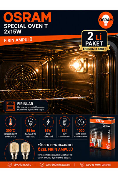 Avarson (2 li PAKET) 15W E14 Fırın Ampulü 300°C Isıya Dayanıklı Sarı Işık