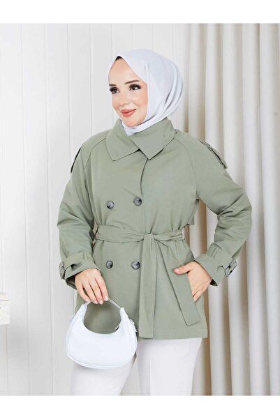 Vibeys Moda Linen Fabric Stand Collar Double Breasted Women's Trench Coat