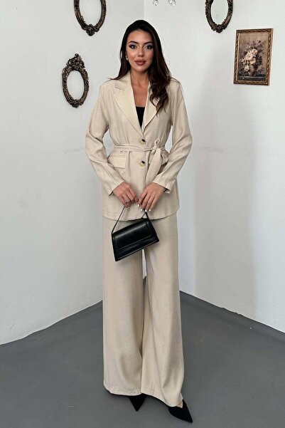 End Black Store Beige belted jacket and pants set