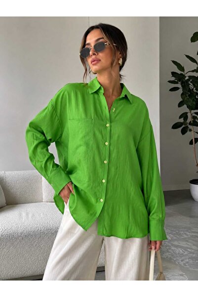 Milera Kadın Yeşil Oversize Boyfriend Gömlek Salaş Kesim Soft Viskon Uzun Kol...