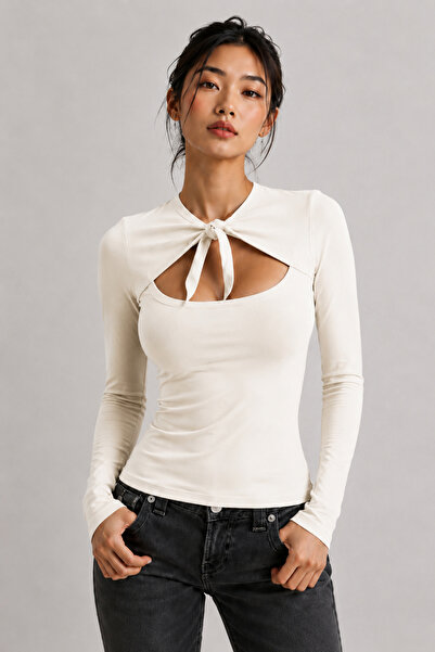 fablair Women's Tie Detail Low-Cut Collar Long Sleeve Stretchy Fabric Casual ...
