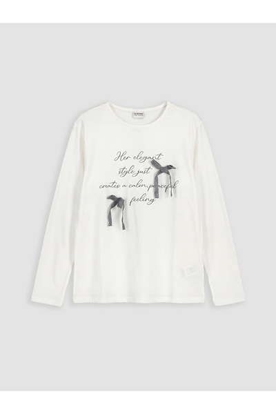 LC Waikiki Lcw Kids White Printed Bow Detailed Girls' T-Shirt