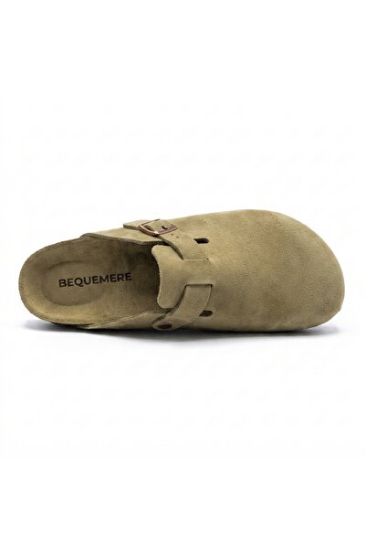 Bequemere Mk406 Khaki Genuine Suede Leather Full Covered Cork Sole Single Buckle Unisex Orthopedic Sabo Slippers