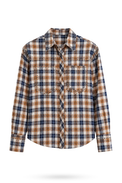 5in1Canpolat Brown Staple Detailed Plaid Pattern Shirt 19053