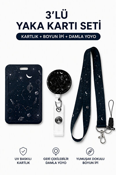 StormiStoretr Galaksi Takım Yıldızı 3'lü Yaka Kartı Seti Boyun Askı İpi Damla...