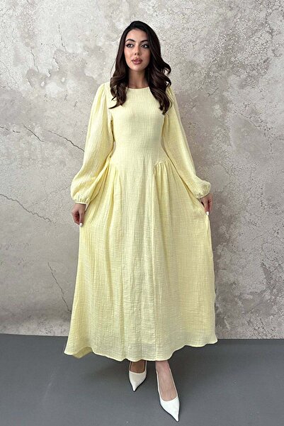 End Black Store Yellow Skirted Long Sleeve Dress with Gathered Hem