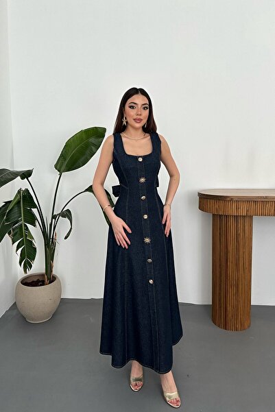 End Black Store Blue Ornamental Buttoned Denim Dress