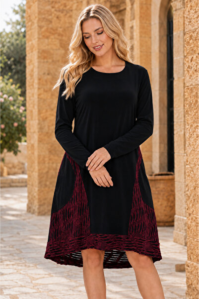 IŞILTI Women's Round Neck Long Sleeve Two Side Pockets Woven Detailed Comfort...