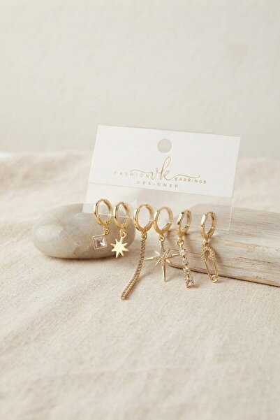 Inure Jewelry Gold Color Brass Zircon Stone Detailed 6-Piece Earring Set Comb...