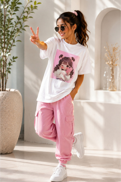 MASİON VESSAİRE تي شيرت أبيض كبير الحجم مطبوع عليه Pink Chibi Girl