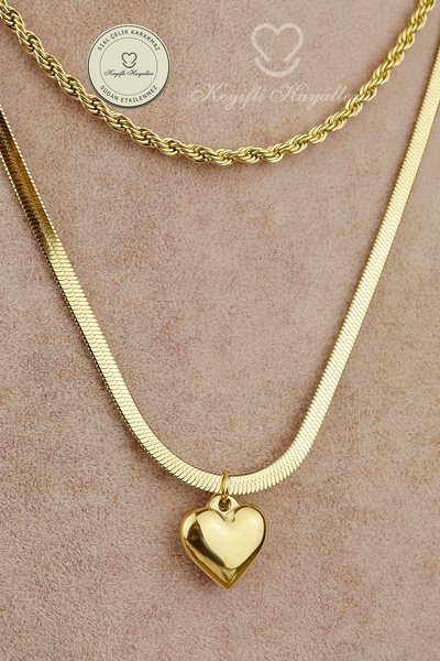Keyifli Hayaller 2-Piece Steel Necklace - 2-Piece Italian Twisted Chain Heart Detailed 316L Steel Necklace, Non-Tarnishable, Non-Fading, 40+5cm