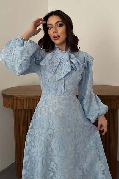 End Black Store Blue Dress with Scarf Detail on the Collar