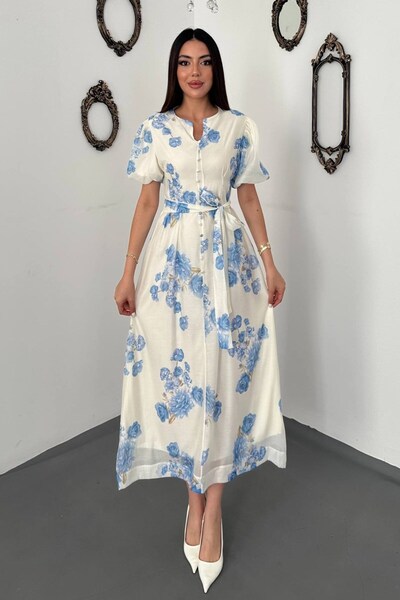 End Black Store Blue Pleated Balloon Sleeve Dress