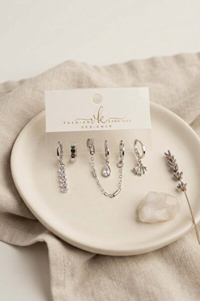 Inure Jewelry Silver Color Brass Zircon Stone Detailed 6-Piece Earring Combin...