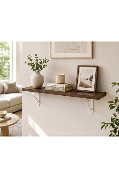 Erdem Mobilya Ceviz Duvar Rafı – Beyaz Metal Dekoratif Ayaklı 100x20 cm
