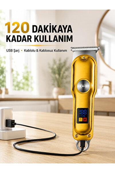 Clevora Profesyonel Saç Sakal Tıraş Makinesi T Bıçaklı Turbo Modlu LED Ekranlı 3 Taraklı Şarjlı