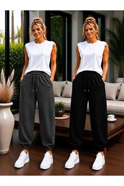 TREND ALİSSE 2 Lİ SİYAH FÜME PAÇA LASTİKLİ JOGGER EŞOFMAN ALTI