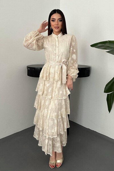 End Black Store Beige Layered Flounce Dress