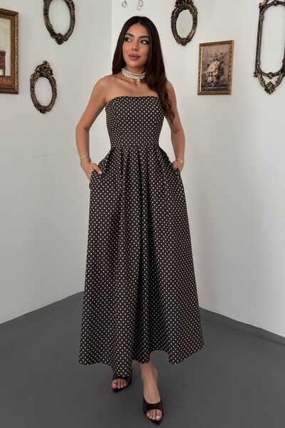 End Black Store Brown polka dot denim pleated dress