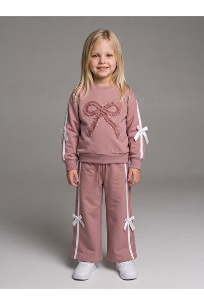 LOFİ KİDS Girl's Bowknot Embroidered Pearl Stone Wide-Fit Tracksuit Set