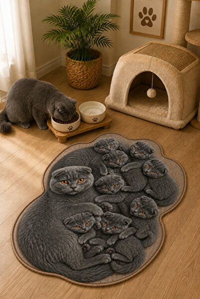 ZNG design home Gri Scottish Fold Figürlü Dijital Baskı Kaymaz Taban Patili M...