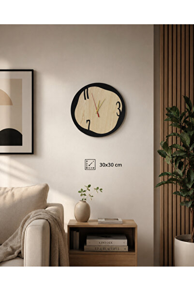 YUSMERA Dekoratif Ahşap Duvar Saati 30x30 cm Siyah Kenarlı Modern Tasarım Sal...
