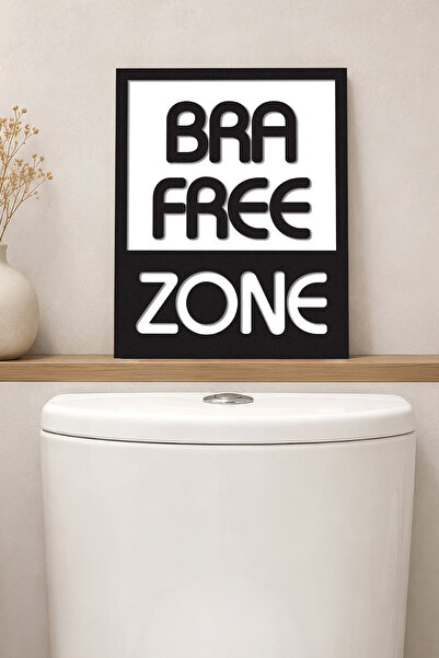 DEKORENZO Tablou de baie cu text Bra Free Zone 20x25 cm Decor umoristic pentr...