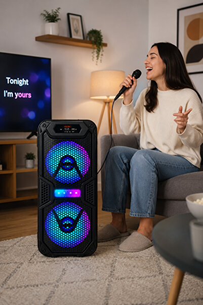 Abbruch Büyük Boy Işıklı Kablosuz Hoparlör 8x2 İnç Çift Hoparlör Mikrofonlu RGB Bluetooth USB TF Kart FM Radyo Destekli