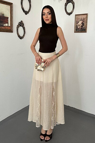 End Black Store Beige Lace Ruffled Skirt