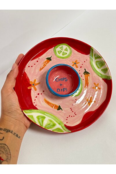 Leonart Atölye El boyaması çok renkli ve desenli stoneware seramik sunum tabağı