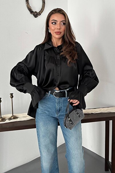 End Black Store Black Satin Ruffled Shirt