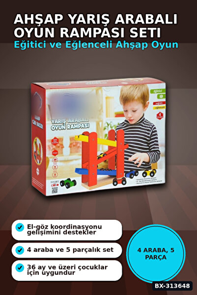 Mercansa 5-Piece Wooden Race Car Ramp Set - with 4 Vehicles, Child Developmen...