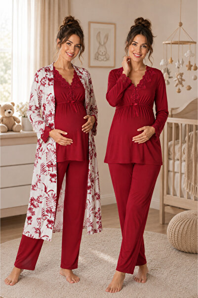 by İGP Floral Patterned Maternity Pajama Set with Dressing Gown Effortt